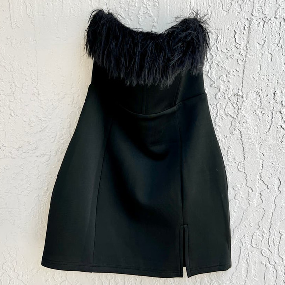 Showpo. Strapless Faux Feather Trim Rhaiza Mini Dress Black Women's Size US 2 - Picture 3 of 7